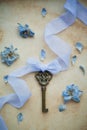 Vintage golden key with blue silk ribbon Royalty Free Stock Photo