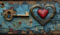 Vintage golden key beside a red heart with a keyhole on a rustic wooden surface, symbolizing unlocking love, secret affection