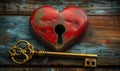 Vintage golden key beside a red heart with a keyhole on a rustic wooden surface, symbolizing unlocking love, secret affection