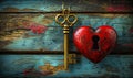 Vintage golden key beside a red heart with a keyhole on a rustic wooden surface, symbolizing unlocking love, secret affection