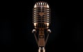 Vintage Golden Microphone on Black Background, Classic Music Recording Equipmen