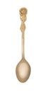 Vintage golden teaspoon with rich decorated handle in shape of rose and leaves floral ornament, isolated on a white background.