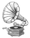 Vintage gramophone engraving style. Old record player with vinyl disk. Retro musical equipment sketch illustration Royalty Free Stock Photo