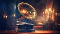 Vintage gramophone with golden horn illuminated by soft lighting. Banner with copy space. Can be used in article, blog