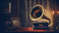 Vintage gramophone with golden horn illuminated by soft lighting. Banner with copy space. Can be used in articles, blogs