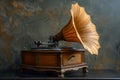 Vintage Gramophone with Golden Horn on Wooden Table Against Textured Dark Background in Retro Style Setting Royalty Free Stock Photo