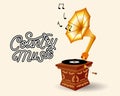 Vintage gramophone with record and musical notes and text Country Music. Retro illustration Royalty Free Stock Photo