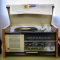 Vintage gramophone record player with a receiver made more than 50 years ago in the Soviet Union