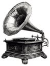 Vintage gramophone sketch. Retro phonograph vector illustration, turntable vinyl record-player engraving, music speaker Royalty Free Stock Photo