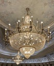 Grand Gold Crystal Ballroom Chandelier hanging from hotel ceiling in Egypt (Side View)