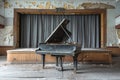 Vintage Grand Piano Center Stage in Abandoned Theater with Peeling Paint and Weathered Curtains