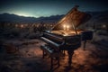 Vintage grand piano at dusk in desert. Generative AI