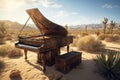 Vintage grand piano at sunset in desert. Generative AI