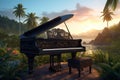Vintage grand piano at sunset in tropic. Generative AI