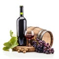 Vintage Grape Wine Bottle and Barrel Isolated on White Background. Generative ai