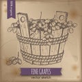 Vintage grapes in wooden bucket template