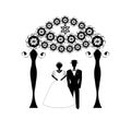 Vintage Graphic Chuppah. Arch for a religious Jewish Jewish wedding. The bride and groom under a canopy. Vector illustration on is