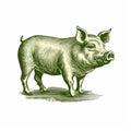 Vintage Graphic Design: Detailed Engraving Of A Pig On Green Background