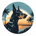 Vintage Graphic Design: Doberman Pinscher On Beach At Sunset