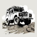 Vintage Graphic Design: White Land Rover On Desert Hill