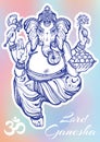 Vintage graphic style Lord Ganesha over colorful background. High-quality vector illustration, tattoo art, yoga, Indian, spa. Royalty Free Stock Photo
