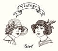 Vintage gravure 1920s style fashionable couple girls portrait in hat with flowers, hand drawn doodle, drawing, sketch illustration Royalty Free Stock Photo