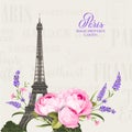 Vintage gray card with spring flowers over Eiffel tower.