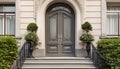 Vintage gray front door with stained glass windows on the facade of a house with stairs and potted plants, AI generated Royalty Free Stock Photo