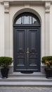 Vintage gray front door with stained glass windows on the facade of a house with stairs and potted plants, AI generated Royalty Free Stock Photo