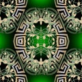 Vintage greek 3d vector seamless pattern. Ornamental floral glowing green background. Greek key meanders mandala