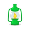 Vintage green camping lantern on white in flat and cartoon style