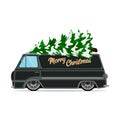 Vintage green car with Christmas tree. Christmas picture. Green truck. Royalty Free Stock Photo