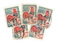 Vintage green cockerel postage stamps from France.