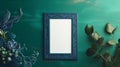 Vintage Green Frame In A Dark Blue Room With Artistic Green Plants