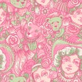 Vintage green and pink doll seamless pattern, vector flowers, needlework cartoon texture