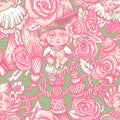 Vintage green and pink doll seamless pattern, vector flowers, needlework cartoon texture