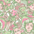 Vintage green and pink doll seamless pattern, vector flowers, needlework cartoon texture