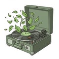 Vintage Green Record Player with Floating Leaves on White Background Art Royalty Free Stock Photo