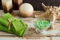 Vintage green spa still life with handmade soap