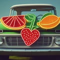 Vintage Green Truck with Neon Fruit Signs