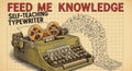 Vintage green typewriter with feed me knowledge text and self-teaching typewriter speech bubble doodle illustration on grid Royalty Free Stock Photo
