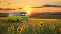 Vintage Green Van in a Sunflower Field at Sunset Royalty Free Stock Photo