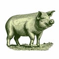 Vintage Green Wood Engraving Pig Vector Image In Daniel Clowes Style Royalty Free Stock Photo