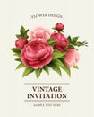 Vintage Greeting Card with Blooming peony and rose Flowers. Vector Illustration Royalty Free Stock Photo