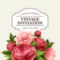 Vintage Greeting Card with Blooming peony and rose Flowers. Vector Illustration Royalty Free Stock Photo