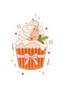 Vintage greeting card with Christmas sweet cupcake or muffin with cream and decoration.