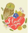 Vintage Greeting Card With Cute Owl. Heart And Floral Wreath. Beautiful Background. Can Be Used As Greeting Card. Royalty Free Stock Photo