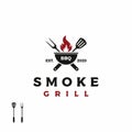 Vintage Grill Barbeque barbecue bbq with crossed fork and spatula with fire flame Logo design