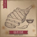 Vintage grilled rib eye steak template placed on old paper background.