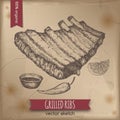 Vintage grilled ribs template placed on old paper background.